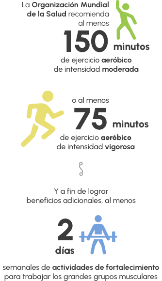 La Organización Mundial de la Salud recomienda al menos 150 minutos diarios de ejercicio aeróbico de intensidad moderada o al menos 75 minutos de ejercicio aeróbico de intensidad vigorosa; y a fin de lograr beneficios adicionales, al menos 2 días semanales de actividades de fortalecimiento para trabajar los grandes grupos musculares